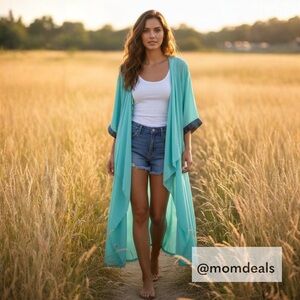 LulaRoe Sheer Open Front Long Duster Batwing Sleeve Mint Embroidered Detail (B)